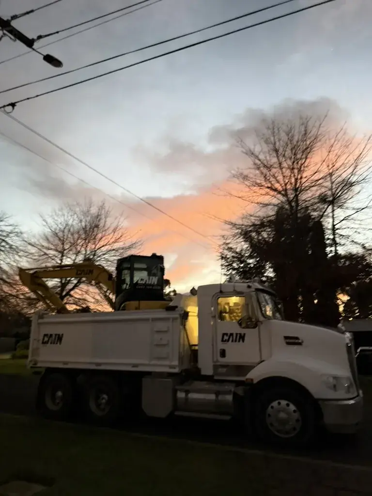 Excavator on a Melbourne site at the end of the day